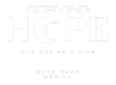 serving hope with coffe mug as the o in hope